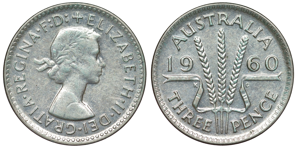 Австралия 3 пенса 1960 m, Елизавета II (1953-) KM 57 серебро 71-654