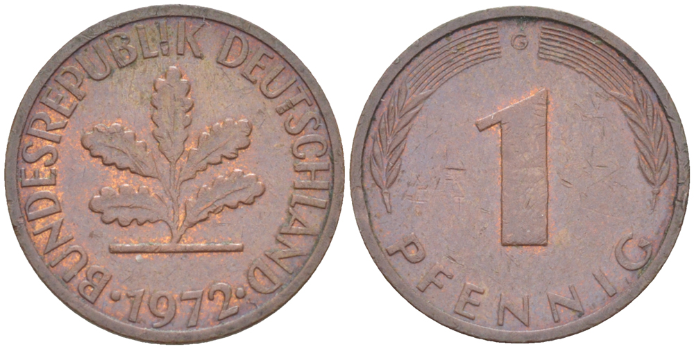 ФРГ 1 ПФЕННИГ 1972 G KM 105, J. 380 сталь плакированная медью 4181-562