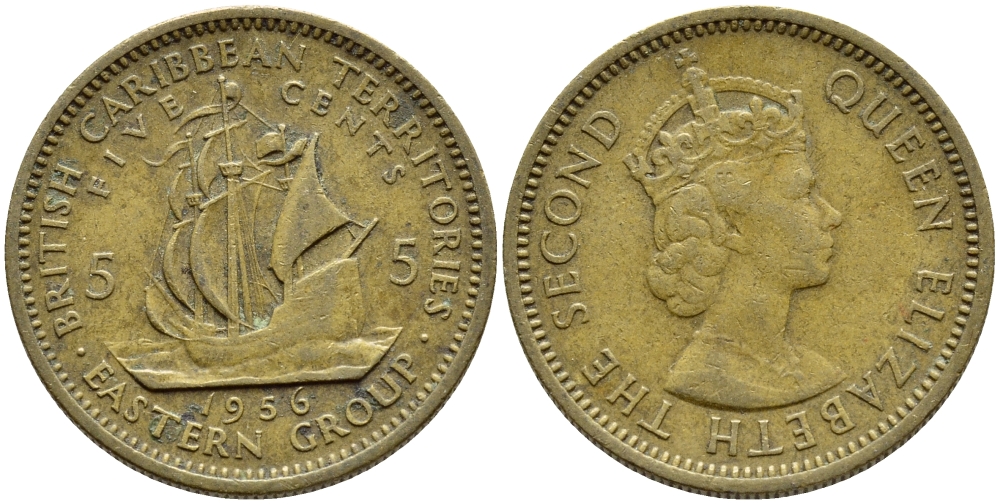 Британские Восточно-Карибские территории 5 центов 1956 Елизавета II (1952-2022), парусник KM 4 никель латунь 4390-135