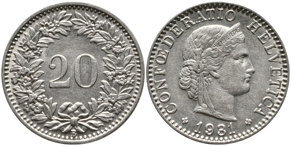 Швейцария 20 раппенов 1931 B KM 29 никель     4539-626