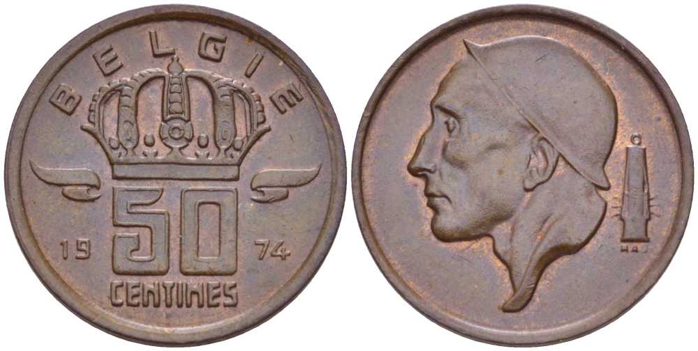 Бельгия 50 сантимов 1974 Belgie, Бодуэн I (1951-1993) KM 149.1 бронза 214-217