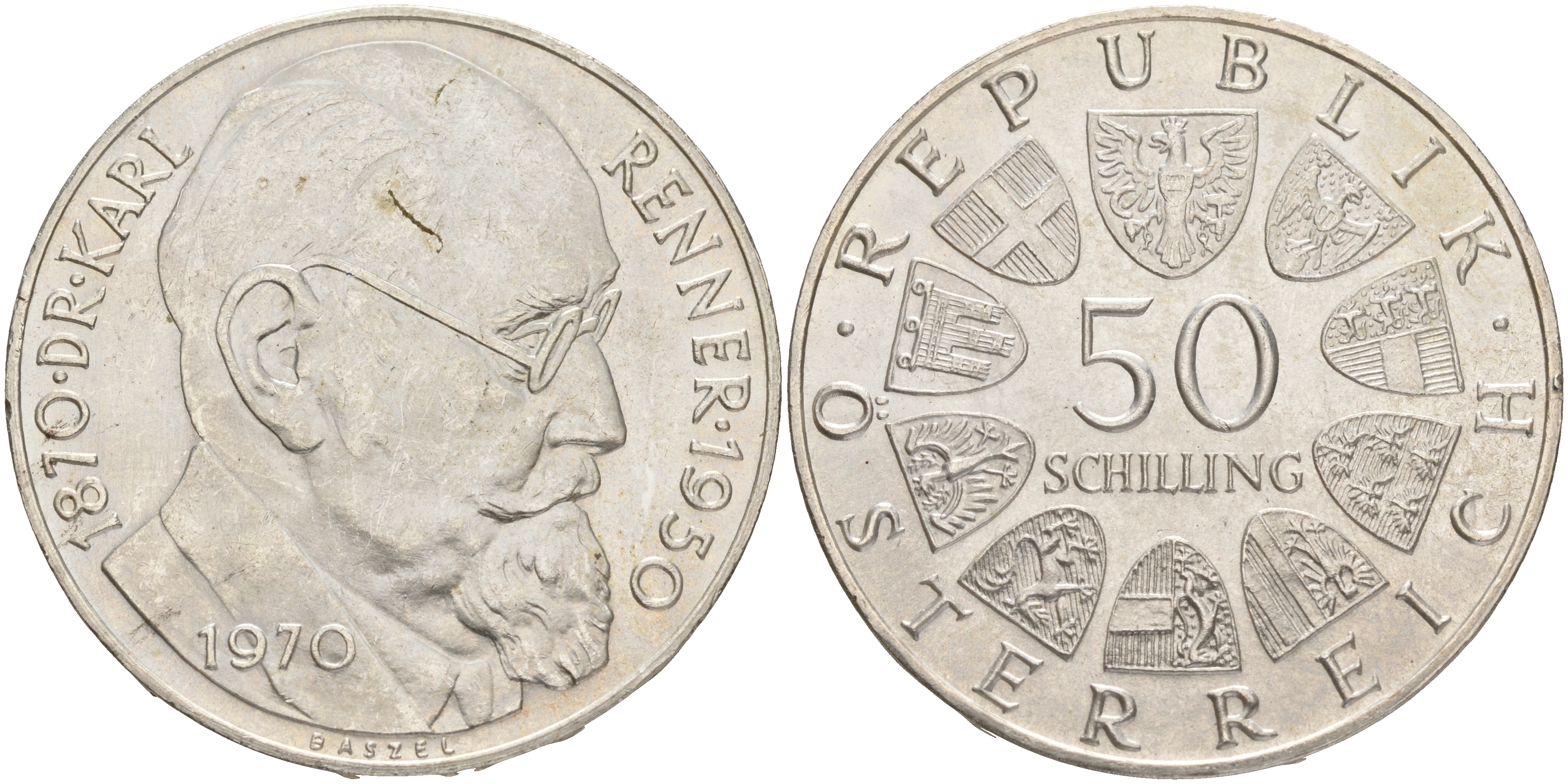 Австрия 50 шиллингов 1970 100 лет со дня рождения Карла Реннера KM 2909 серебро aUNC 4557-316