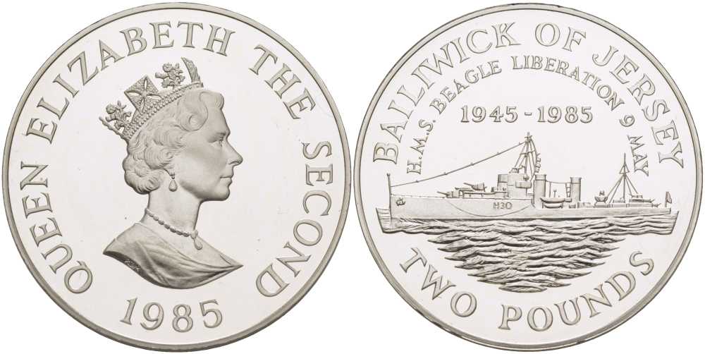 Джерси 2 фунта 1985 40 лет освобождения от фашизма (1945-1985), в коробке, тираж 2500 экземпляров KM 64а серебро  PROOF  6-5-3-34
