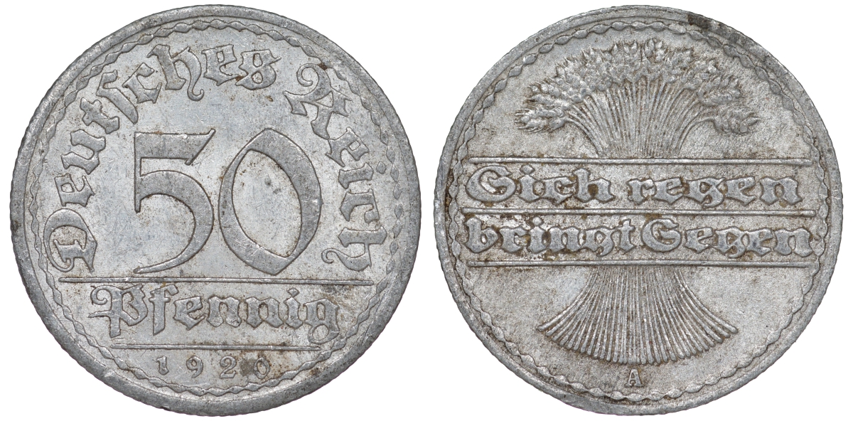 Германия 50 пфеннигов 1920 A KM 27, J. 301 алюминий 4163-622