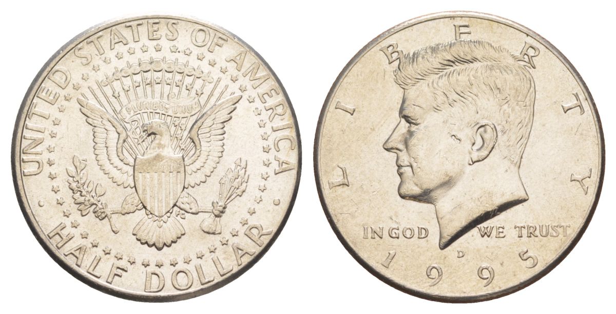 США 1/2 доллара (50 центов) 1995 D, Джон Кеннеди KM A202b медь плакированная медно-никелем aUNC 4382-825