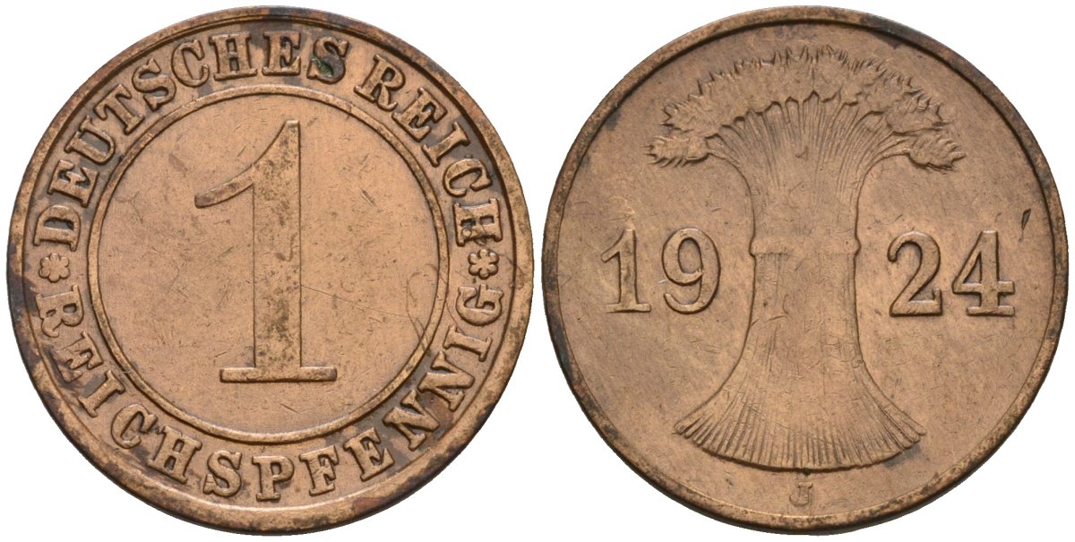 Германия 1 рейхспфенниг 1924 J KM 37, J. 313 бронза 4516-521