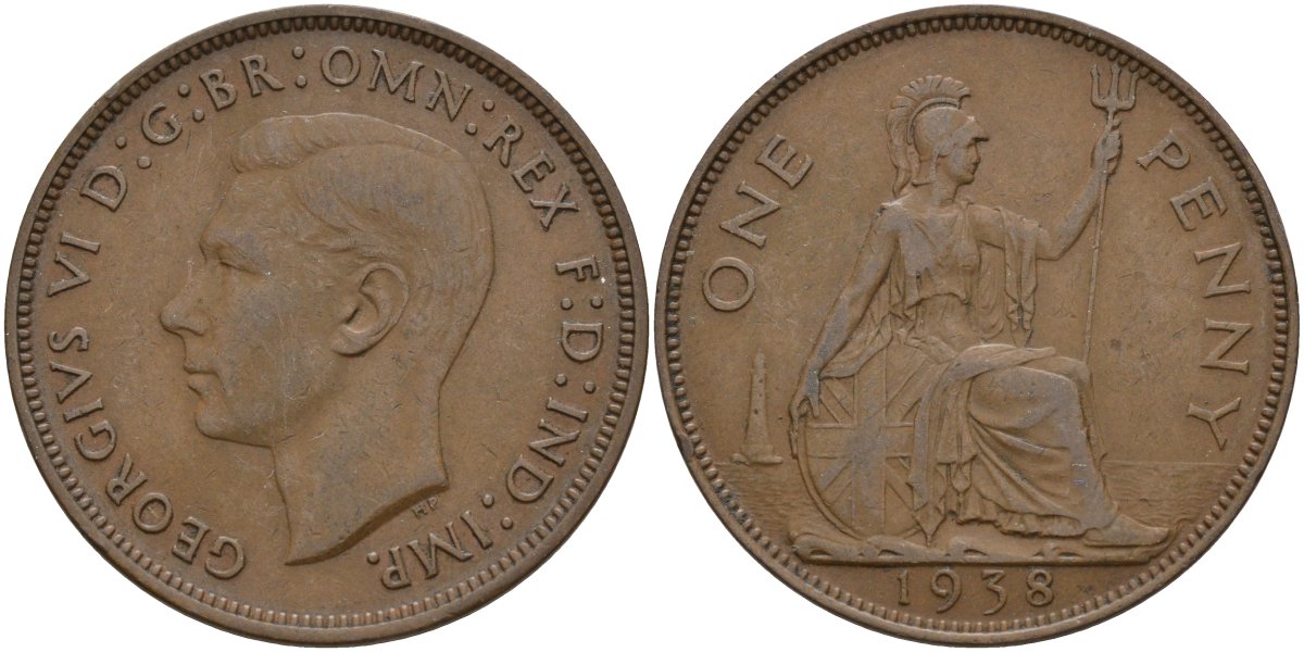 Великобритания 1 пенни 1938 Георг VI (1936-1952) KM 845, Spink 4114 бронза 4144-912