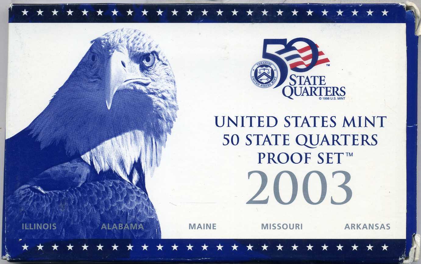 США официальный набор из 5 монет 2003 S, набор из 5 квотеров, штаты США, пластик, в оригинальной коробке с сертификатом PROOF 3-6-2-8