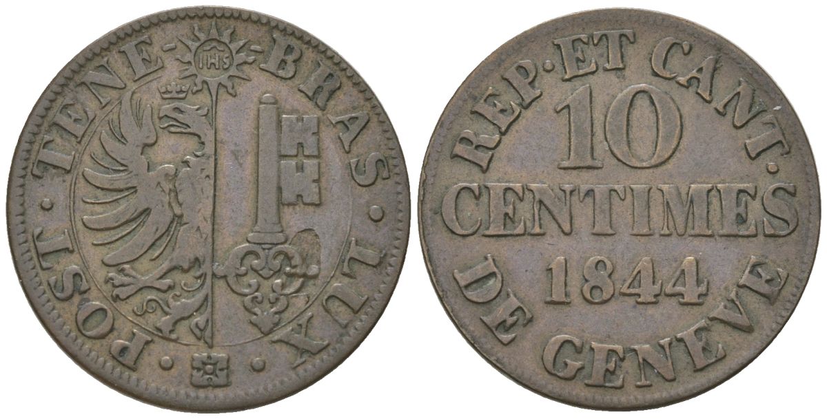 Швейцария, кантон Женева 10 сантимов 1844  KM 128, HMZ 2-366b серебро    4584-112