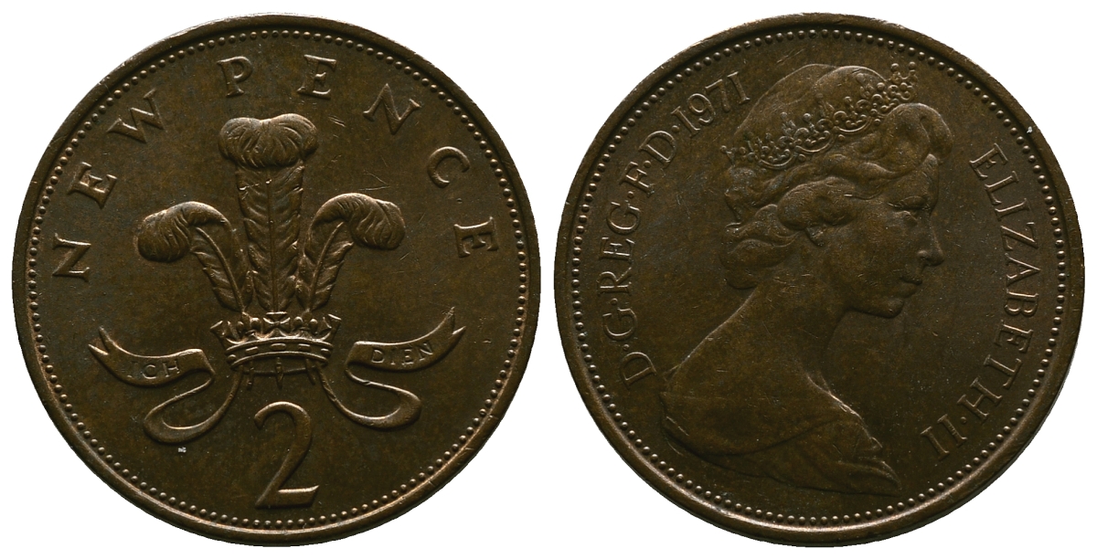 Великобритания 2 пенса 1971 Елизавета II (1952-2022) KM 916, Spink 4235 (C1) бронза 4384-746