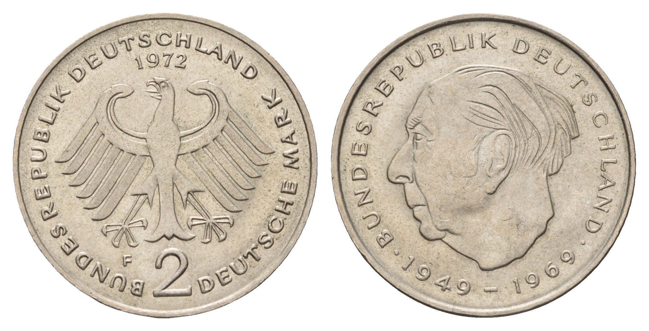 ФРГ 2 марки 1972 F, Теодор Хойс KM A127, J. 407 медно-никель 3459-1011