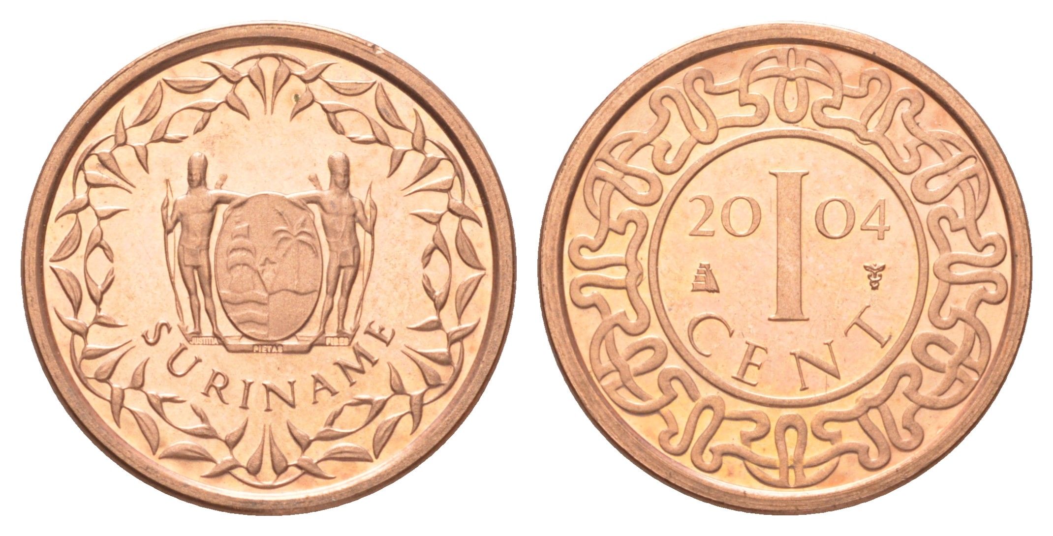 Суринам 1 цент 2004 тираж 4000 экземпляров KM 11b сталь плакированная медью BU 4625-262