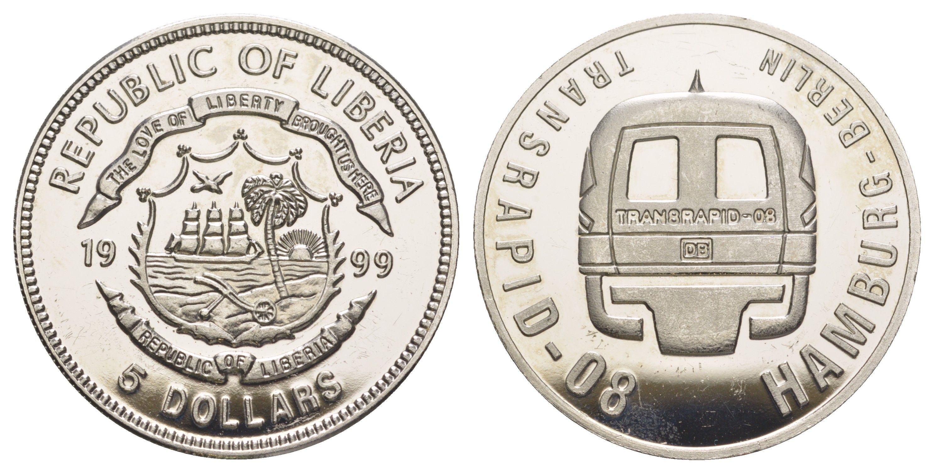 Либерия 5 долларов 1999 Transrapid 08, Маглев UC 133 медно-никель BU 603-1433
