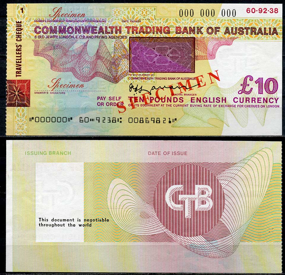 Австралия, Оптовый банк 10 фунтов ND дорожные чек, образец Specimen   бумага  UNC (пресс) 444-36-1-2