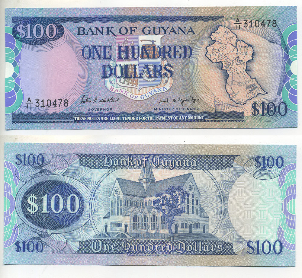 Гайана 100 долларов ND (1989) карта Гайаны, собор Святого Георгия Pick 28 (1) бумага UNC (пресс) 7553-16-4