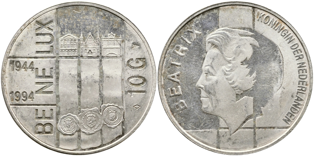 Нидерланды 10 гульденов 1994 50 лет Бе-Ни-Люкс, три здания парламентов KM 216 серебро aUNC 441-1542