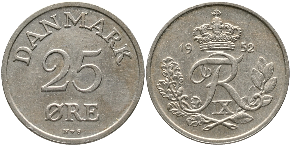 Дания 25 эре 1952 N; S, Фредерик IX (1947-1972) KM 842 медно-никель 28-1115