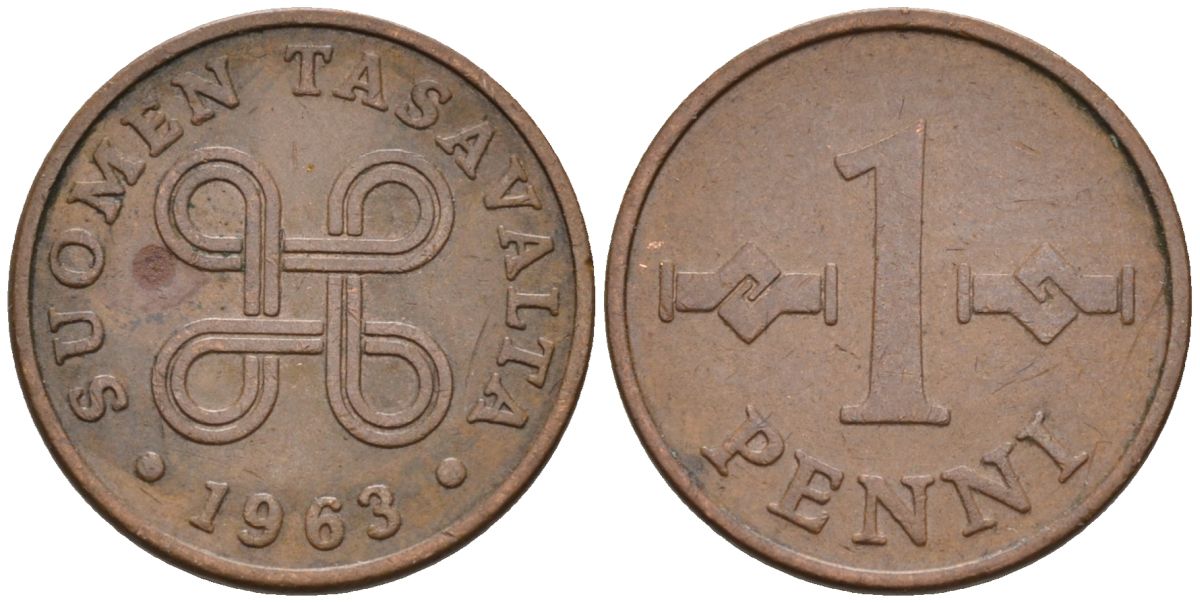 Финляндия 1 пенни 1963 первый год KM 44 медь 4588-766