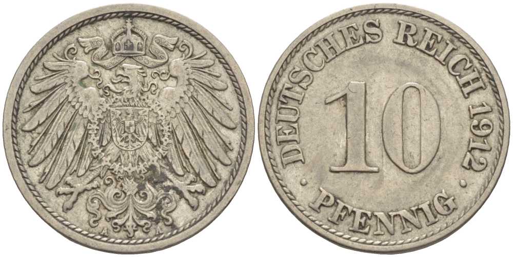 ГЕРМАНИЯ 10 ПФЕННИГОВ 1912 A KM 12, J. 13 медно-никель 33-155