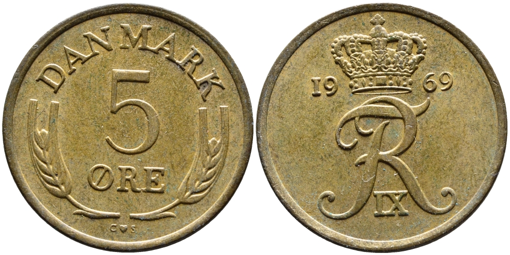 ДАНИЯ 5 ЭРЕ 1969 C; S, ФРЕДЕРИК IX (1947-1972) KM 848.1 бронза 4391-1234