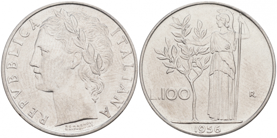 ИТАЛИЯ 100 ЛИР 1956 R, АФИНА KM 96.1 нержавеющая сталь 73-433