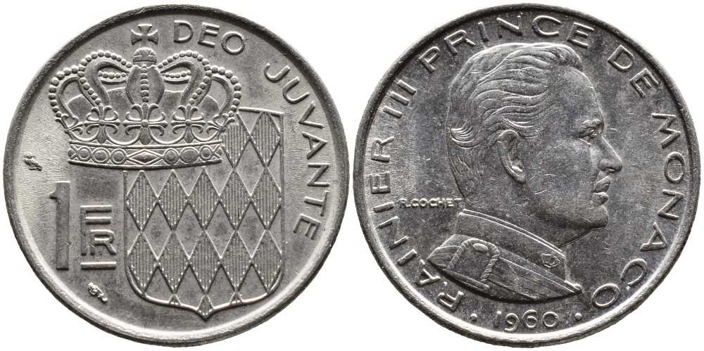 Монако 1 франк 1960 Ренье III (1949-2005) KM 140 никель 4393-1257