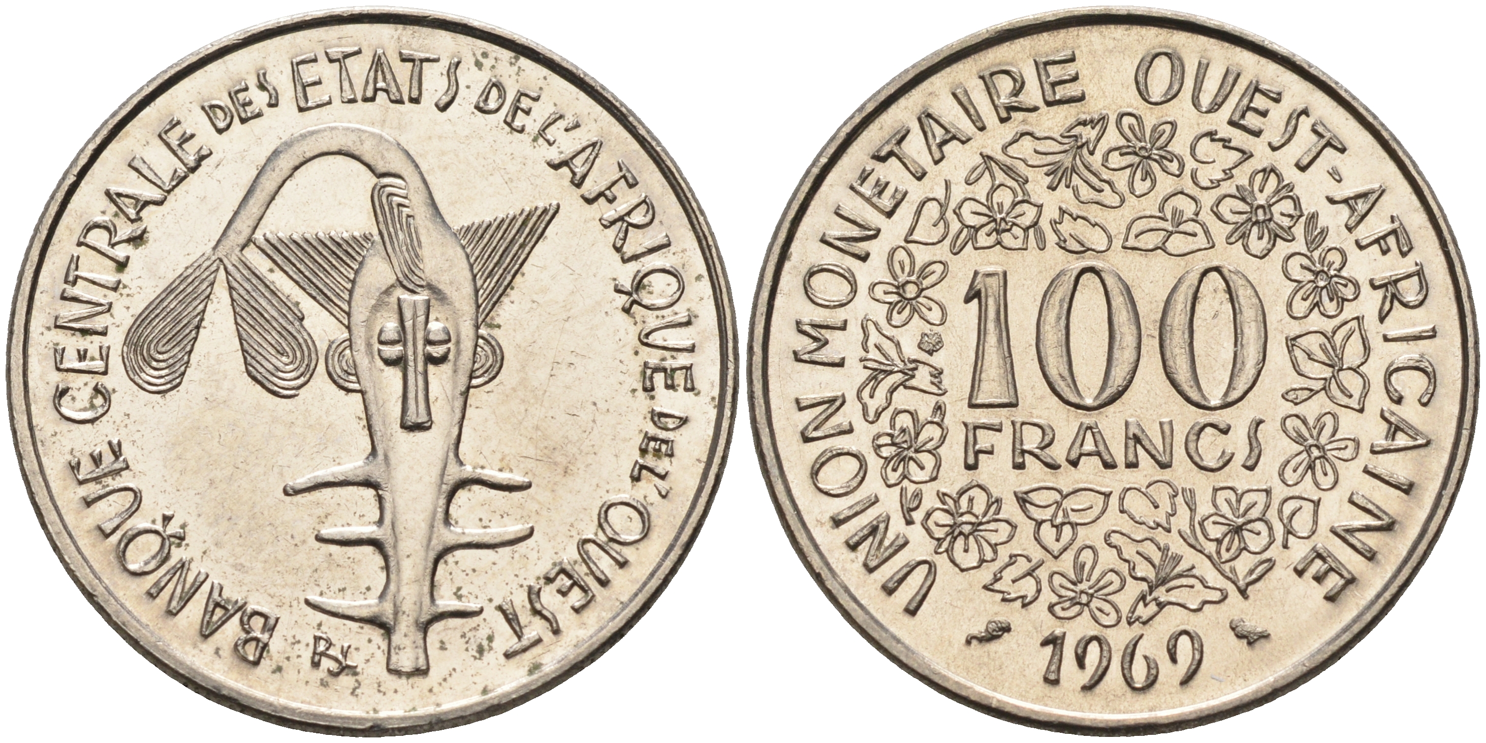 Валютное сообщество стран Западной Африки 100 франков 1969  KM 4 никель  UNC  4595-745