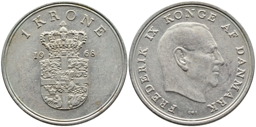 ДАНИЯ 1 КРОНА 1968 C; S, ФРЕДЕРИК IX (1947-1972) KM 851.1 медно-никель 4391-1243