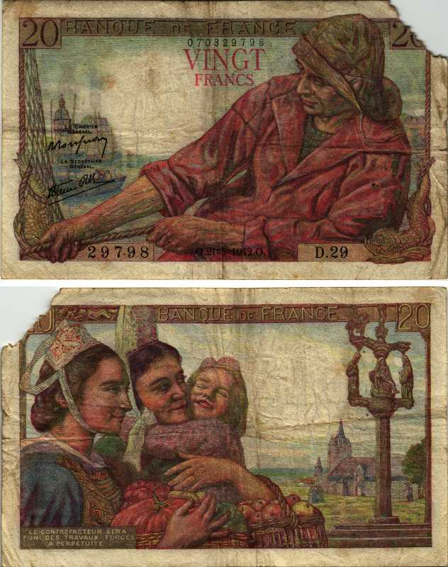 ФРАНЦИЯ 20 ФРАНКОВ 1942 21 МАЯ 1942 Pick 100а бумага 6266-14-1