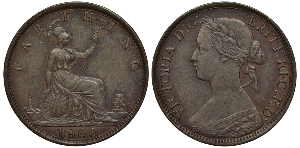 Великобритания 1 фартинг 1860 Виктория (1837-1901), зубчатая кайма KM 747.2, Spink 3958 бронза 1522-615