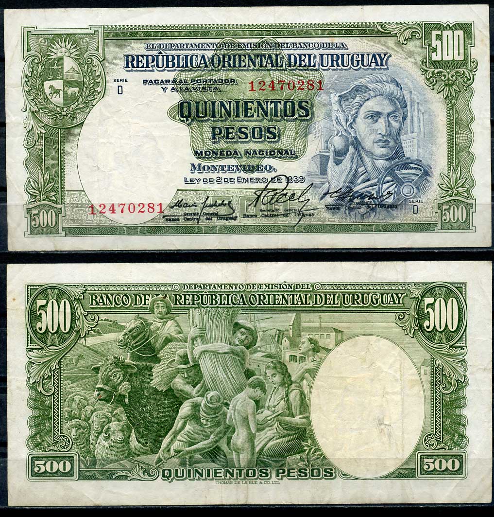 Уругвай 500 песо 1939 (1967) индустрия, фермеры, серия D, Banco Central del Uruguay Pick 44 b  бумага   451-2-2