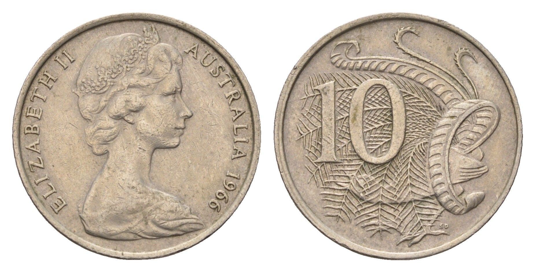 Австралия 10 центов 1966 Елизавета II (1952-2022), птица лирахвост KM 65 медно-никель 4671-956