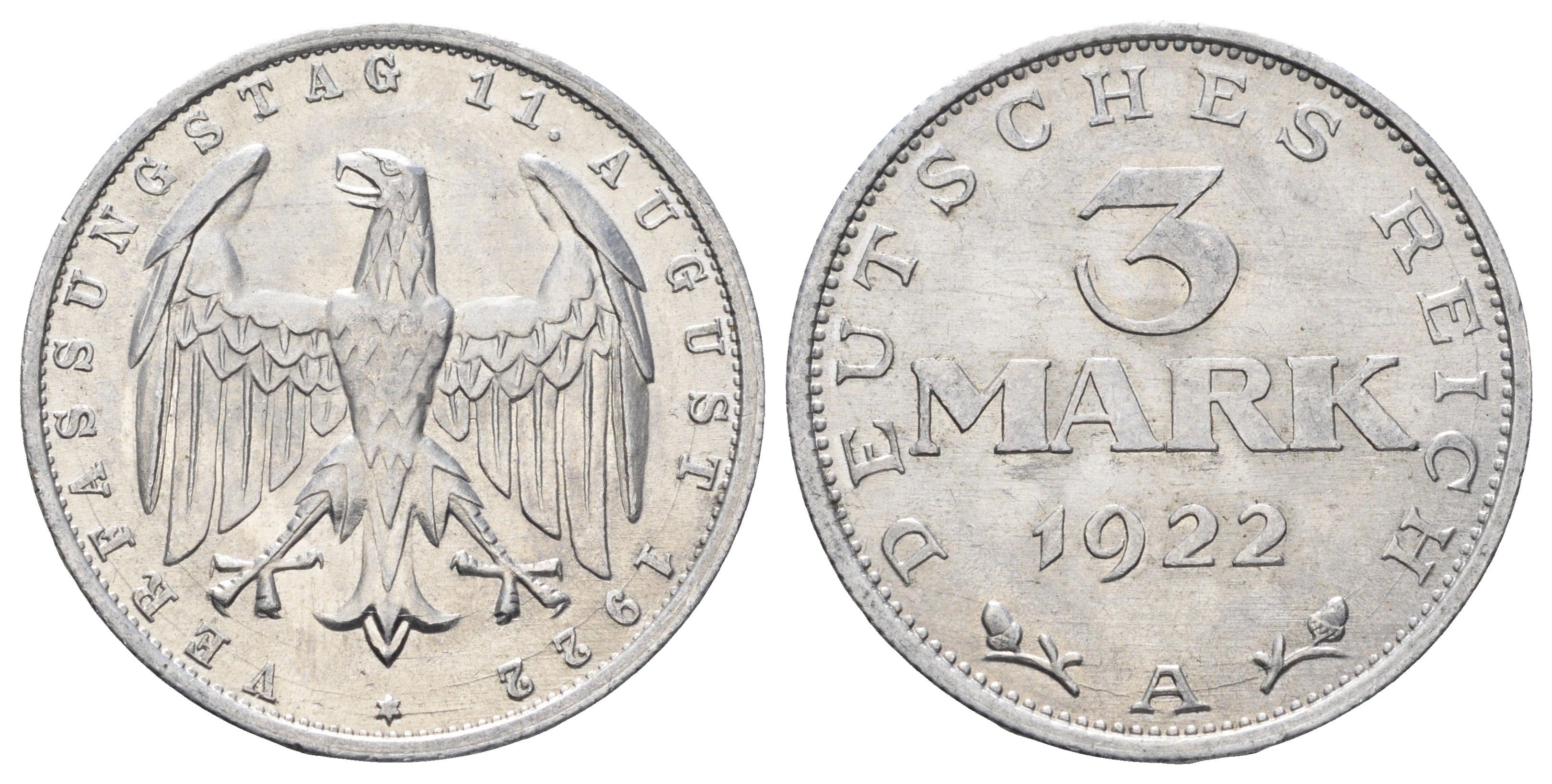 Германия 3 марки 1922 A, 3-я годовщина Веймарской конституции KM 29 алюминий UNC 4654-436