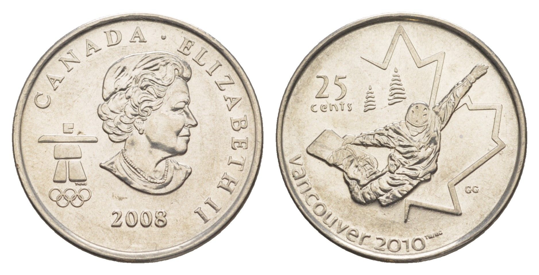 Канада 25 центов 2008 XXI зимние Олимпийские Игры, Ванкувер 2010 - Сноуборд KM 768 сталь плакированная никелем UNC 4637-943