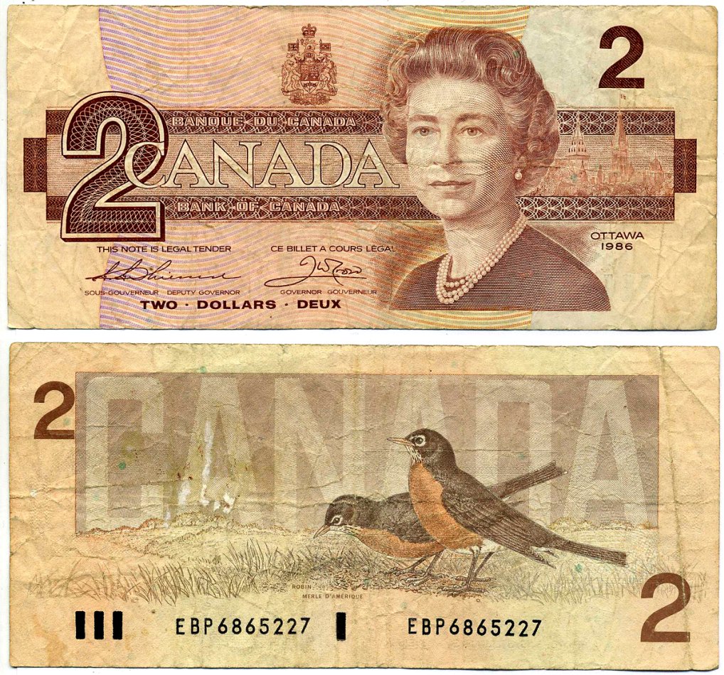 Канада 2 доллара 1986 подписи Thiessen & Crow Pick 94b бумага 2192-23-3-2