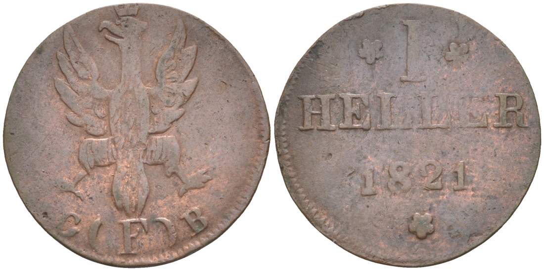 Франкфурт 1 геллер 1821 GB AKS 30, Jaeger 10, KM 301 медь 73-626