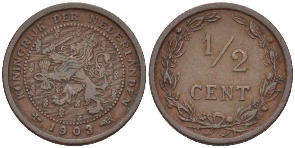 НИДЕРЛАНДЫ 1/2 ЦЕНТА 1903 ВИЛЬГЕЛЬМИНА (1890-1948) KM 133 бронза 39-148