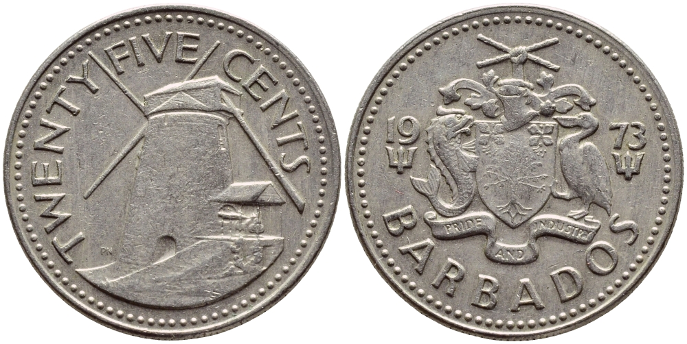 Барбадос 25 центов 1973 ветряная мельница Моргана Льюиса KM 13 медно-никель 4398-321