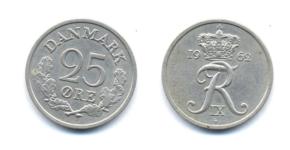 ДАНИЯ 25 ЭРЕ 1962 С; S, ФРЕДЕРИК IX (1947-1972) KM 850 медно-никель 51-4426