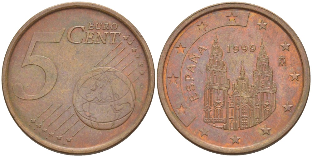 ИСПАНИЯ 5 ЕВРОЦЕНТОВ 1999 KM 1042 сталь плакированная медью 4543-332