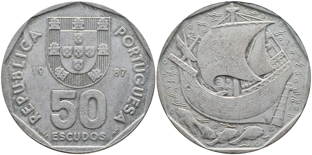 ПОРТУГАЛИЯ 50 ЭСКУДО 1987 KM 636 медно-никель 4389-246