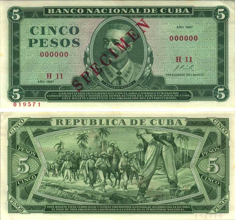 КУБА 5 ПЕСО 1967 SPECIMEN, АНТОНИО МАСЕО Pick 103s бумага аUNC 7191-26-3-1
