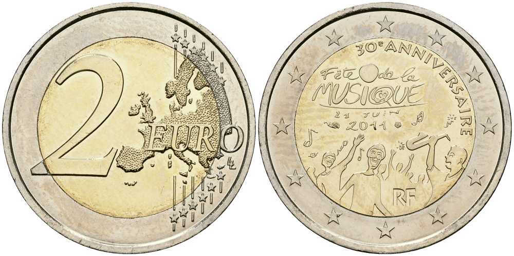 Франция 2 евро 2011 30 лет дня музыки во Франции KM 1789 биметалл UNC 115-1132