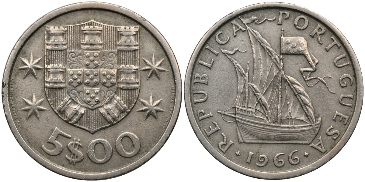Португалия 5 эскудо 1966 парусник KM 591 медно-никель 4175-412