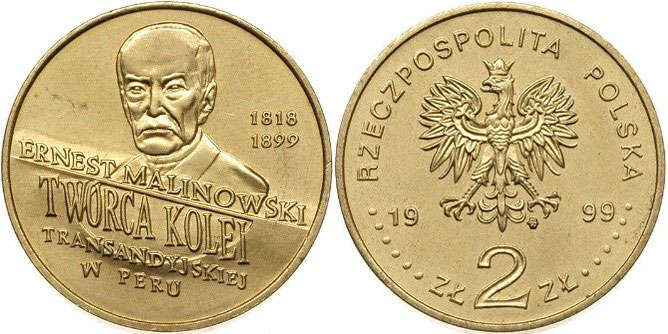 Польша 2 злотых 1999 MW, Ернест Малиновский (1818-1899) KM 358 нордик  UNC  4521-445