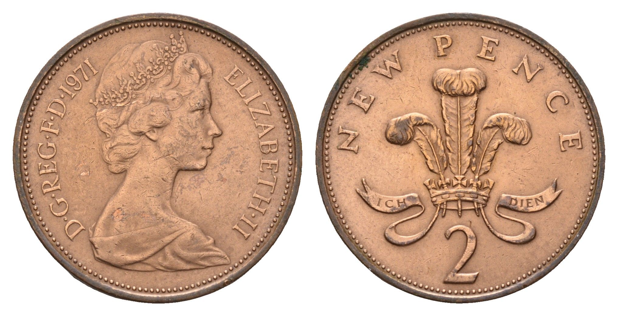 Великобритания 2 новых пенса 1971 Елизавета II (1952-2022) КМ 916, Spink 4235 (C1) бронза 3996-822