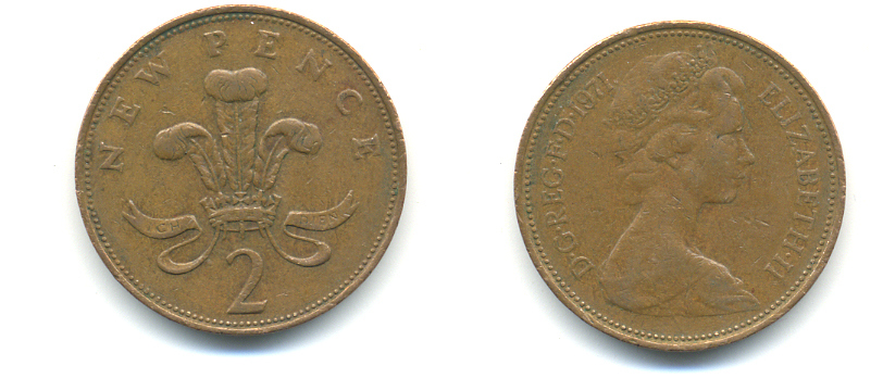 Великобритания 2 пенса 1971 Елизавета II (1952-2022) KM 916, Spink 4235 (C1) бронза 177-814