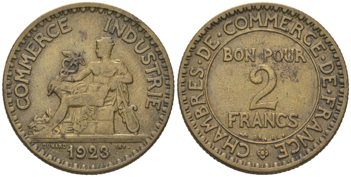 Франция 2 франка 1923 KM 877, Le Franc 267/5 медь алюминий 4582-223