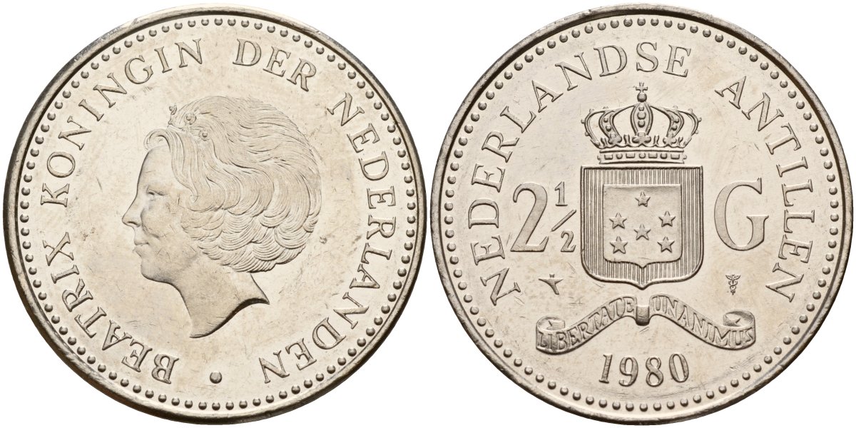 Нидерландские Антилы 2 1/2 гульдена 1980 Беатрикс (1980-2013) KM 19 никель UNC 4179-324