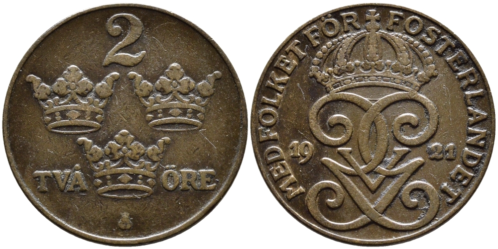 Швеция 2 эре 1921 Густав V (1907-1950) KM 778 бронза 80-531